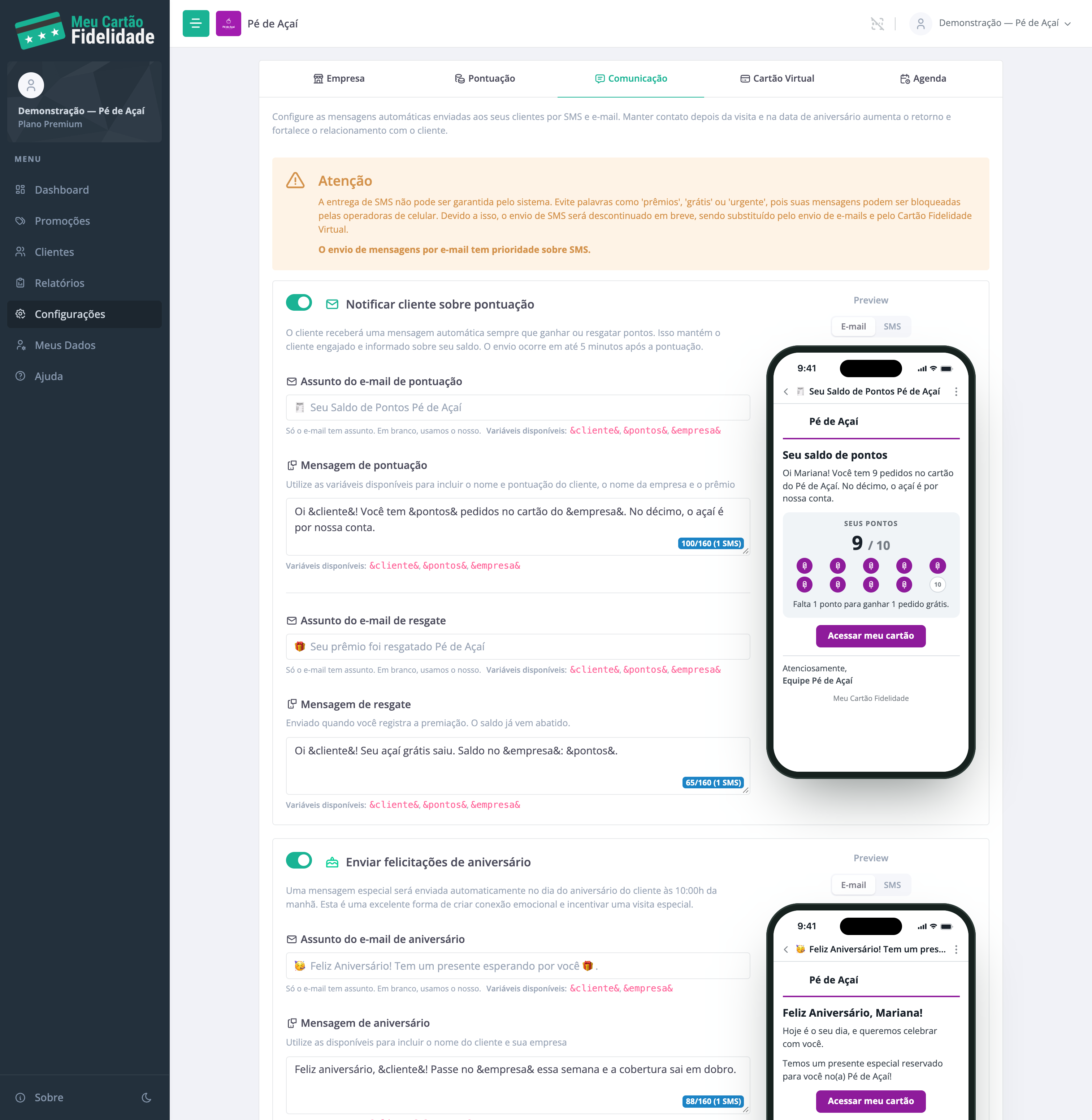 A aba Comunicação do Pé de Açaí com as mensagens de pontuação, resgate e aniversário e a prévia do e-mail