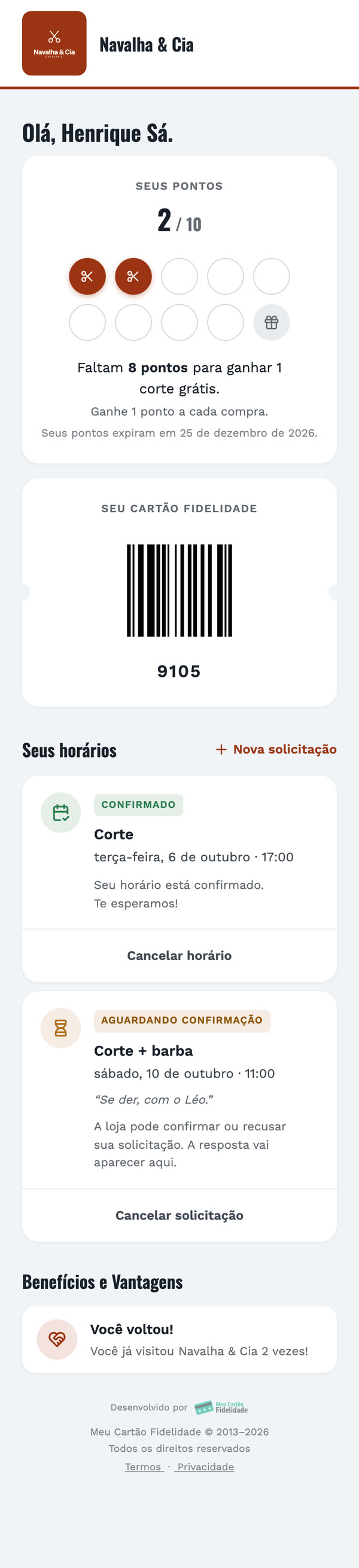 O cartão virtual da Navalha & Cia no celular: um corte confirmado na terça e um corte com barba aguardando confirmação no sábado