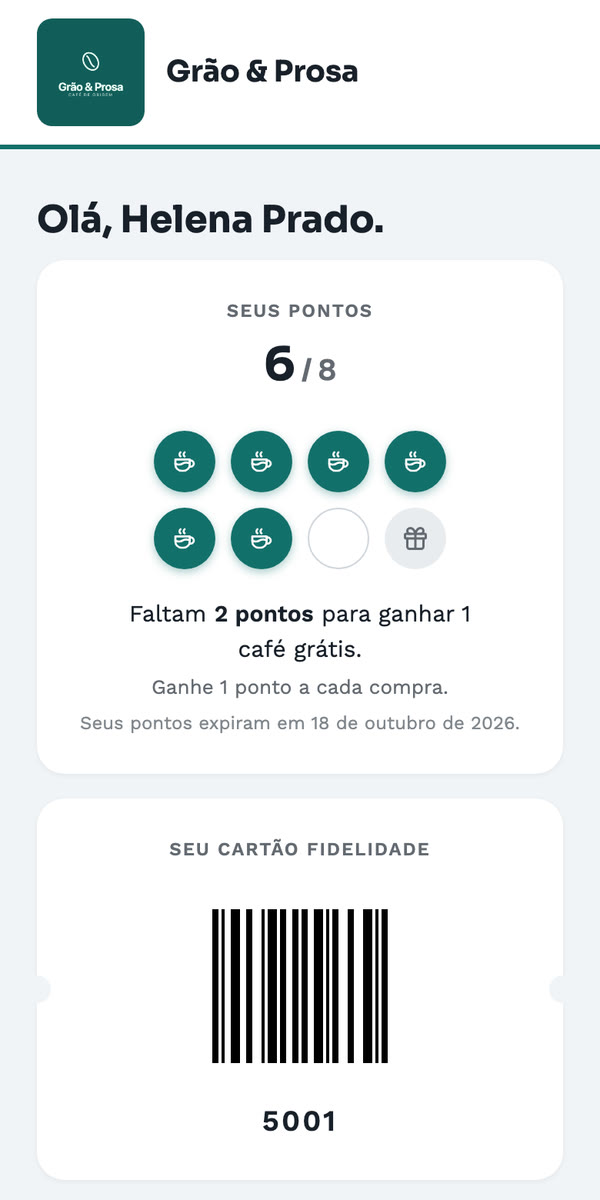 O cartão virtual do Grão & Prosa no celular: xícaras carimbadas e o código de barras