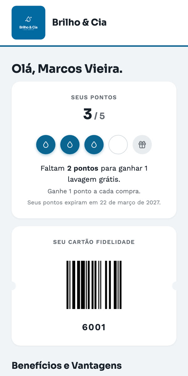 O cartão virtual da Brilho & Cia no celular: 3 de 5 lavagens numa fileira só e o código de barras