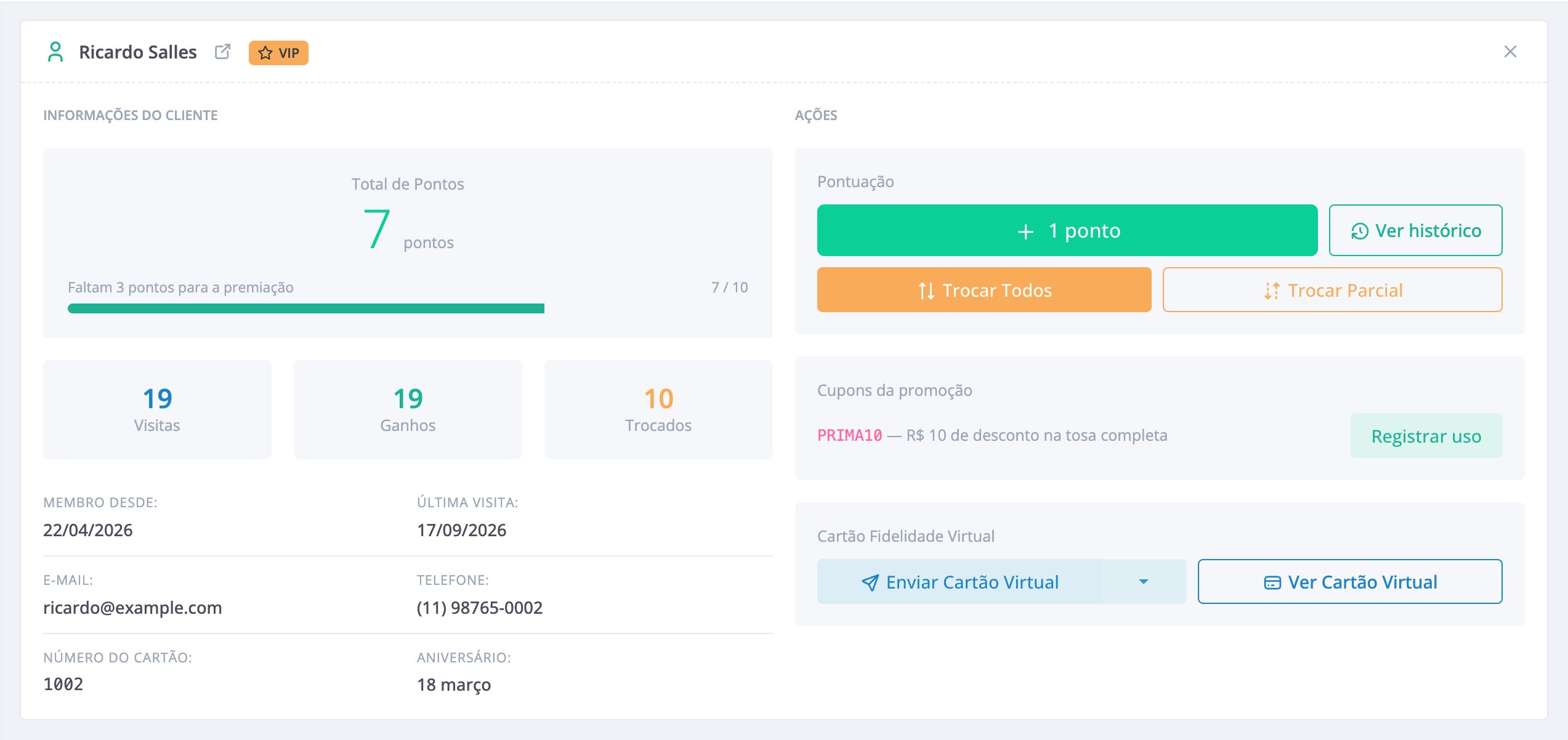 O dashboard do Patas & Focinhos com Ricardo Salles selecionado, 7 de 10 pontos e um cupom disponível