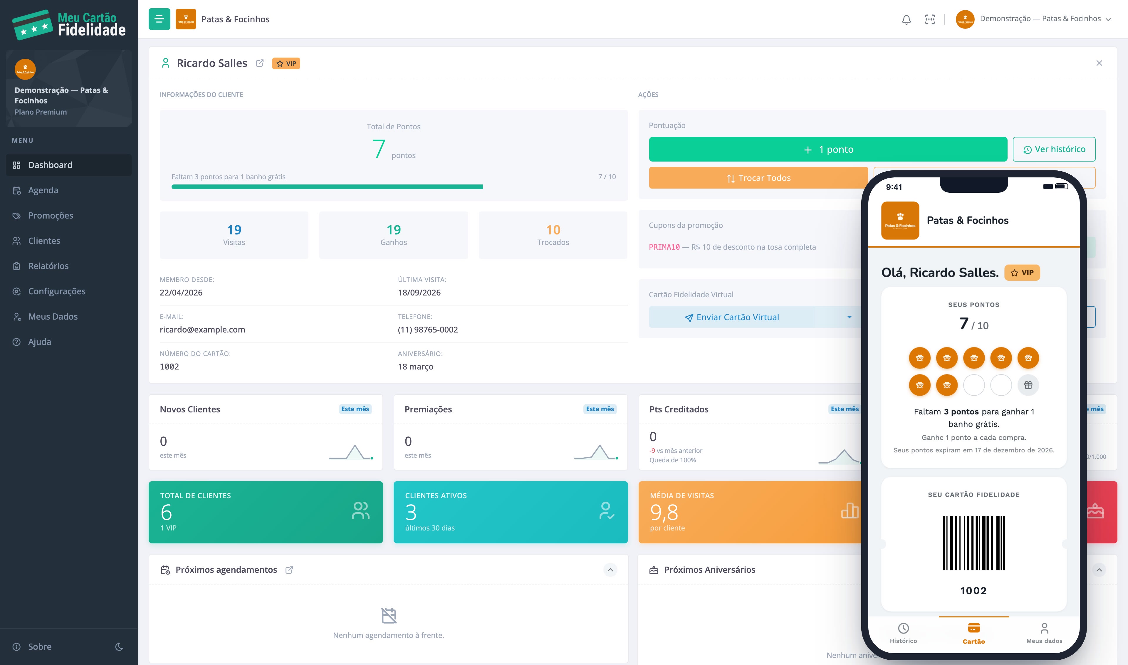 O dashboard do Patas & Focinhos com um cliente selecionado e o cartão dele aberto no celular
